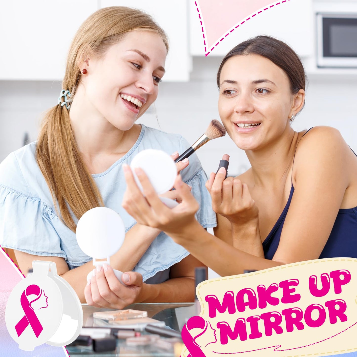 Huwena 100 Pcs Breast Cancer Awareness Accessories Gift Bulk White Pink Ribbon Breast Cancer Compact Mirror for Women Small Pocket Purse Round Portable Folding Makeup Mirror