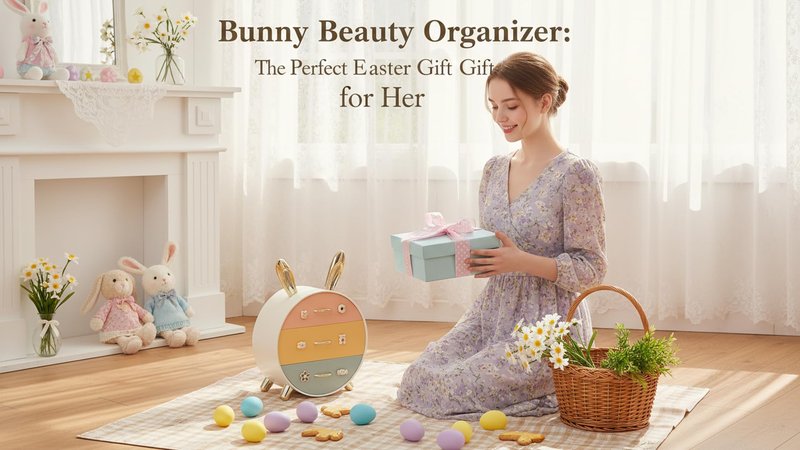 Makeup Organizer and Storage for Perfumes Cosmetics Jewelry,Easter Bunny Box for Countertop, skincare Cabinet Bins 3 draws Stackable Vanity Organizer for Dresser and Bathroom Countertop(Golden Ear)