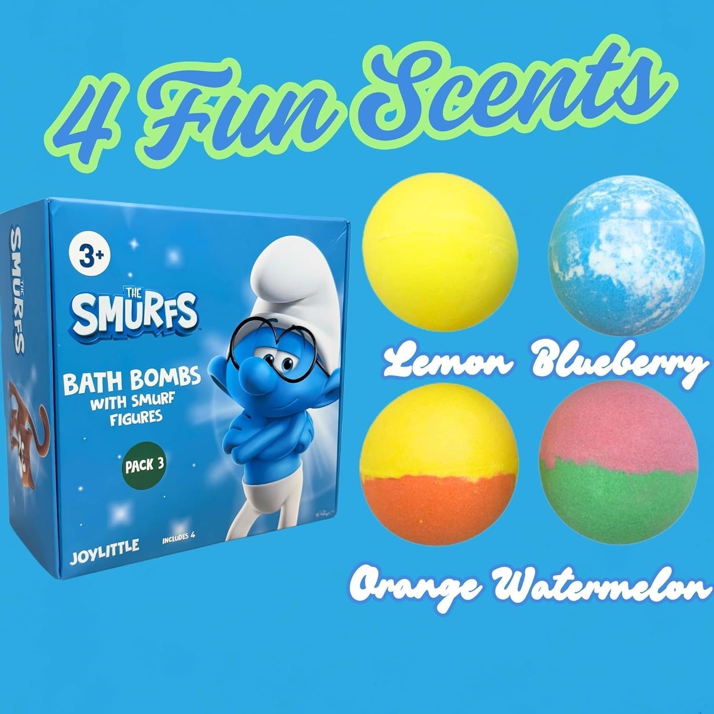 Smurfs Bath Bombs with Action Figures - Brainy, Handy, Blossom & Azrael | Fun Gift Set (Pack of 3)