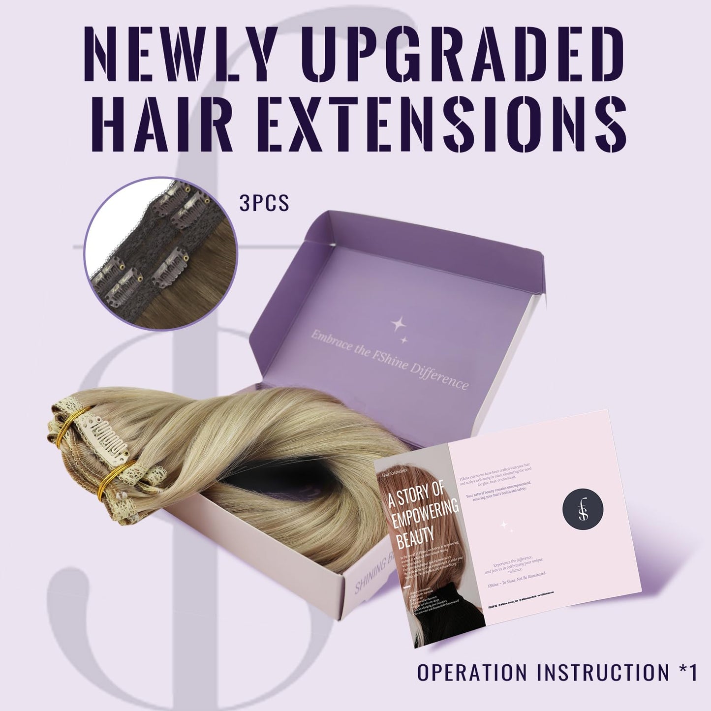 Fshine Full Head Clip in Human Hair Extensions, Balayage 12 in 50 g 3pcs