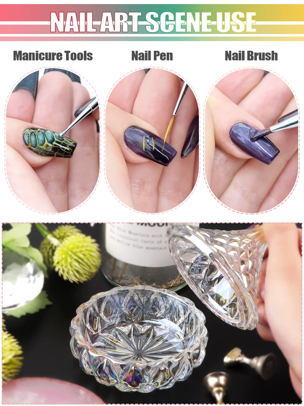 TOROKOM Monomer Dish with Lid Dappen Dish Nail Cup Glass Nail Dish for Liquid Powder Monomer Holder Laser Color Damping Dapping Dish for Acrylic Nails