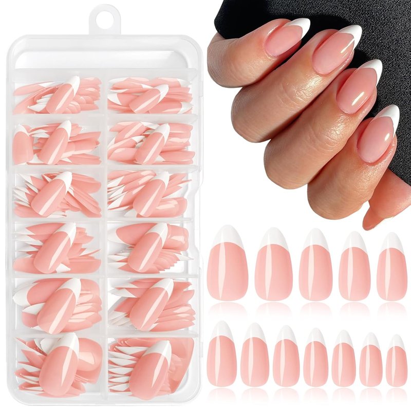 French Tip Press-On Nails - 216PC Medium Pink Almond Acrylic Set with Adhesive Tabs | Stylish Fake Nails
