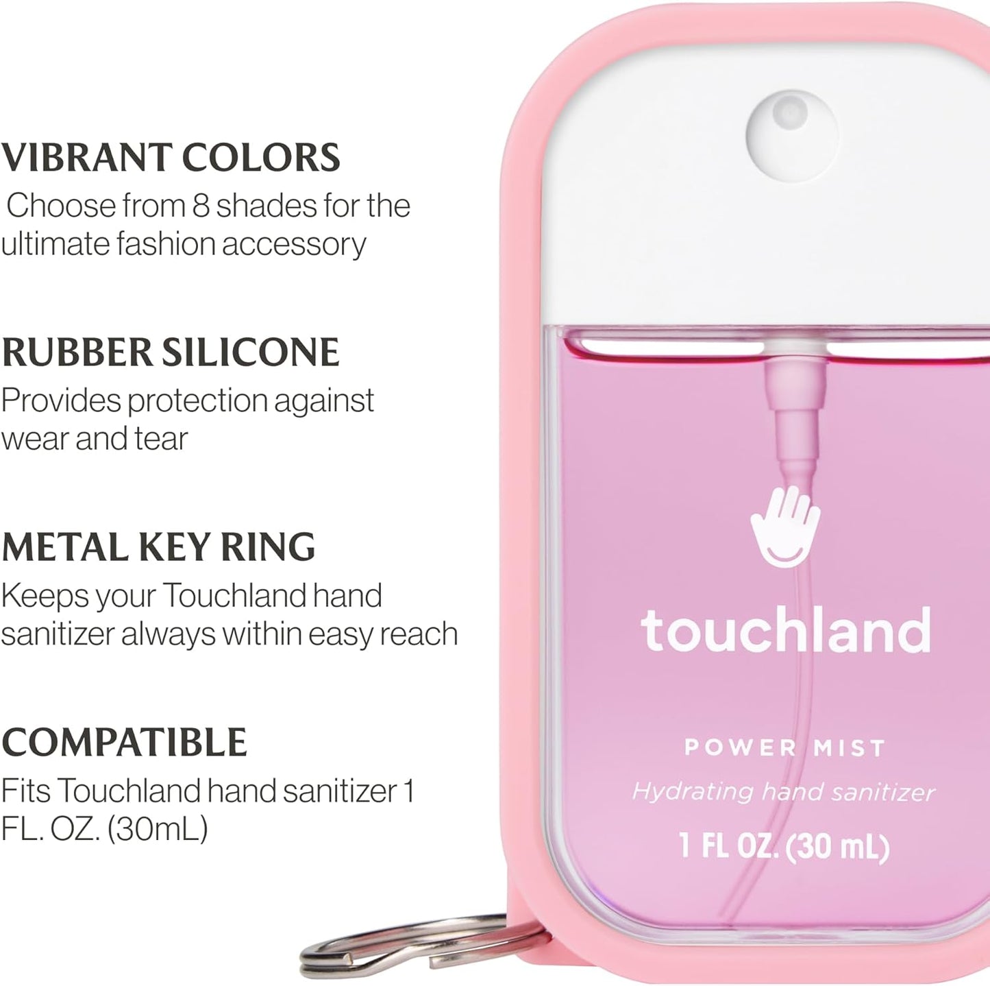 Touchland Hand Sanitizer Mist Case 1FL. OZ., Protective and Stylish Hand Sanitizer Spray Accessory, Silicone Case with Keyring, Icy White