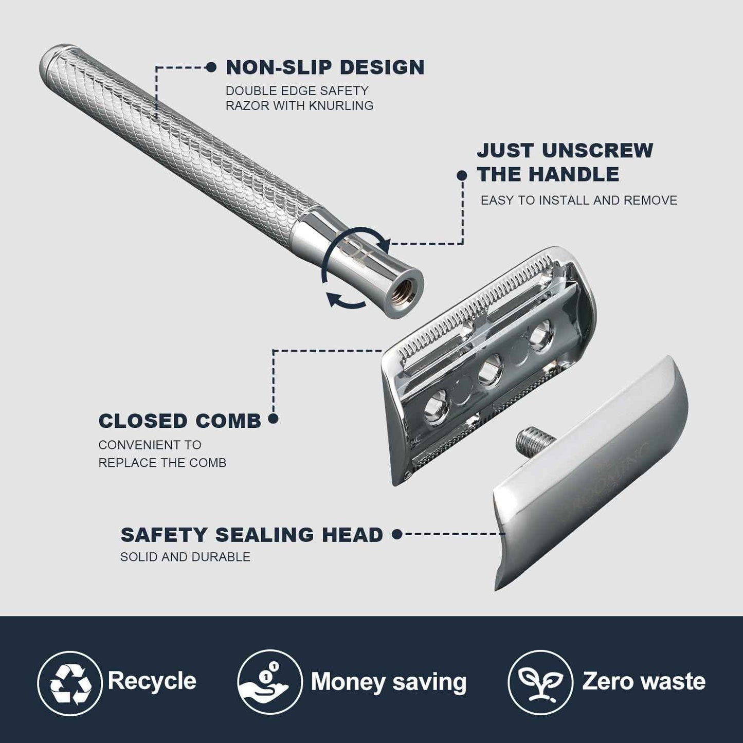 TGS Double Edge Safety Razor with 10 Razor Blades Refill, Single Blade Razor for Men Women, Zero Waste Reusable Eco-Friendly Metal Razor for Closed Smooth Shave - Chrome