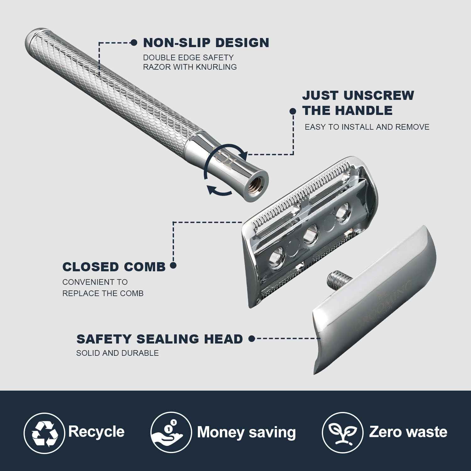 TGS Double Edge Safety Razor with 10 Razor Blades Refill, Single Blade Razor for Men Women, Zero Waste Reusable Eco-Friendly Metal Razor for Closed Smooth Shave - Chrome