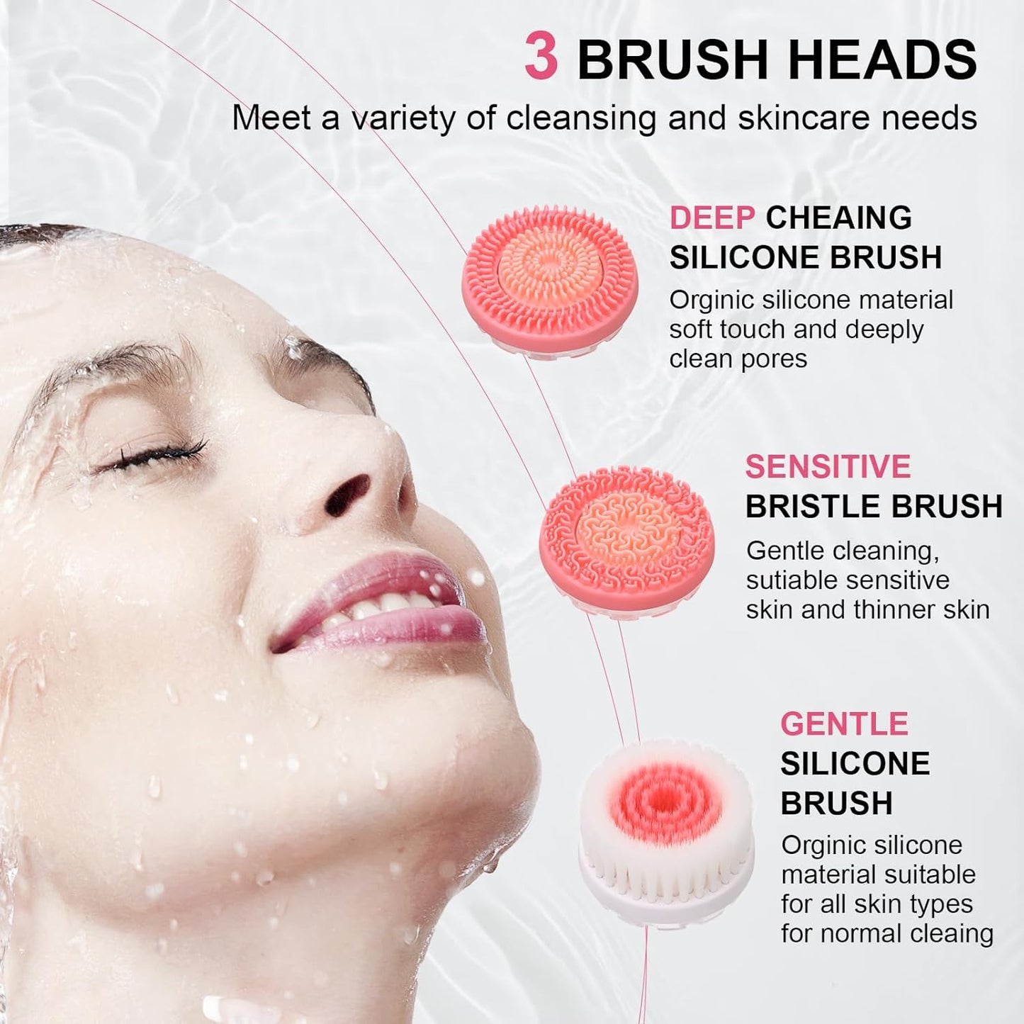 Electric Facial Cleansing Brush - 3-in-1 Waterproof Scrubber with 3 Brush Heads for All Skin Types | Rechargeable Pink