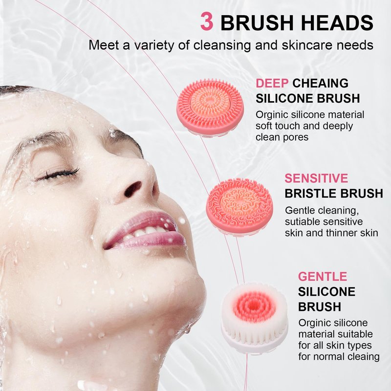 Facial Cleansing Brush, Waterproof Dual-Rotation Face Scrubber Exfoliator with 3 Brush Heads and 2 Adjustable Speeds, Rechargeable Exfoliating Face Brushes for Cleansing and Skin Care (Pink)