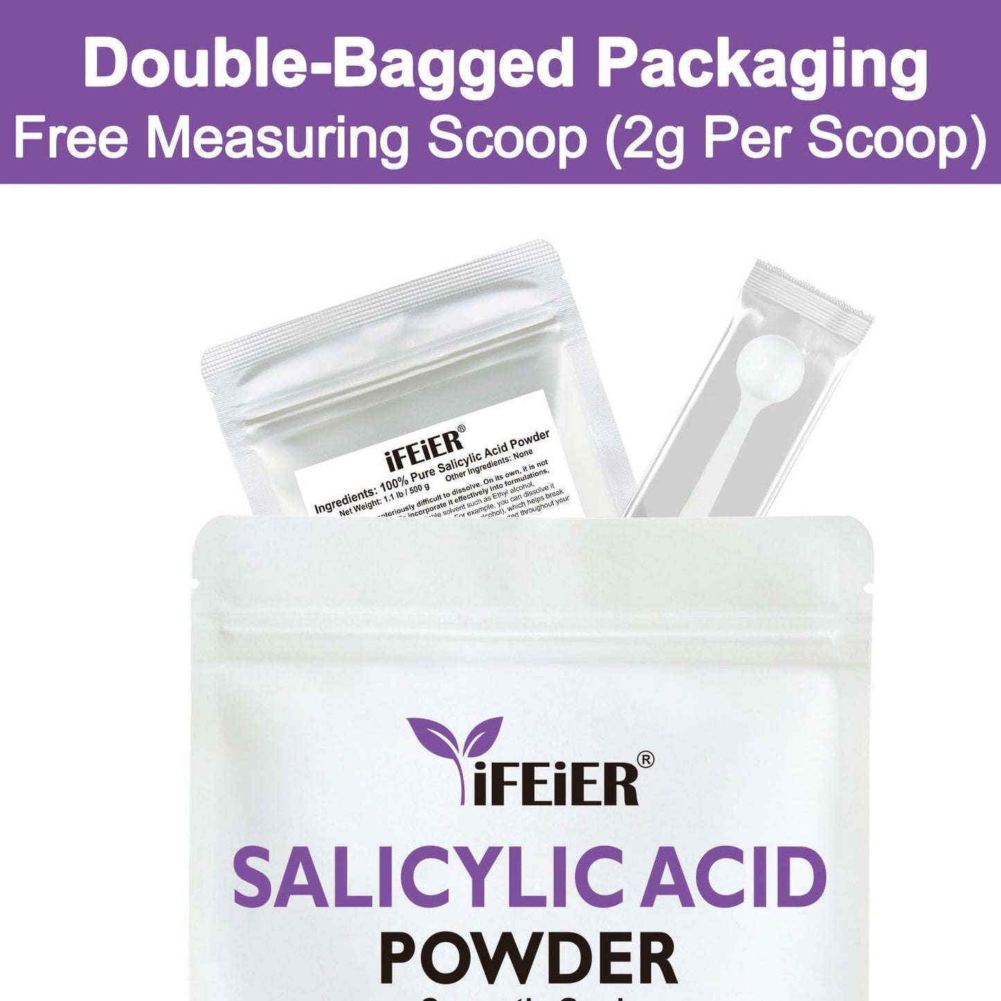 iFEiER Pure Salicylic Acid Powder | Cosmetic Grade Salicylic Acid 1.1 LB (500 g) | acido salicilico powder for DIY BHA Exfoliant, Hair & Industrial Use | Make Serum