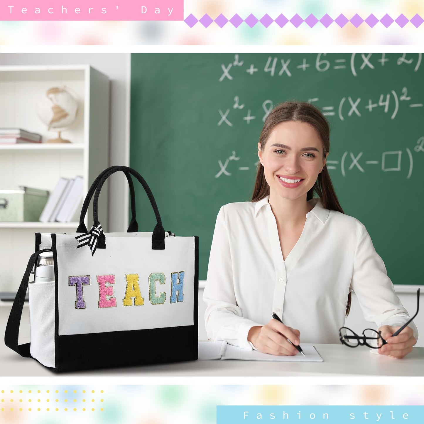 Abbylike 2 Pcs Teacher Appreciation Gifts for Women Canvas Chenille Letter Tote Bag with Makeup Bag Reusable Thank You Teacher Tote Gift for End of Year Graduation Birthday Teacher's Day Party Favor