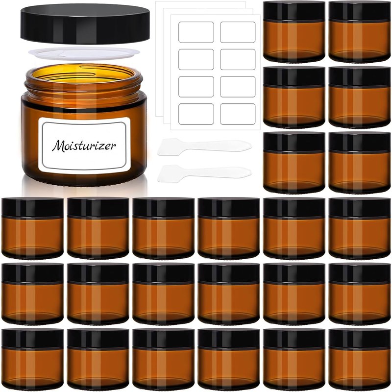 Amber Glass Jars - 2oz Cosmetic Containers with Lids & Labels | 24 Pack for Creams, Lotions, Body Butter
