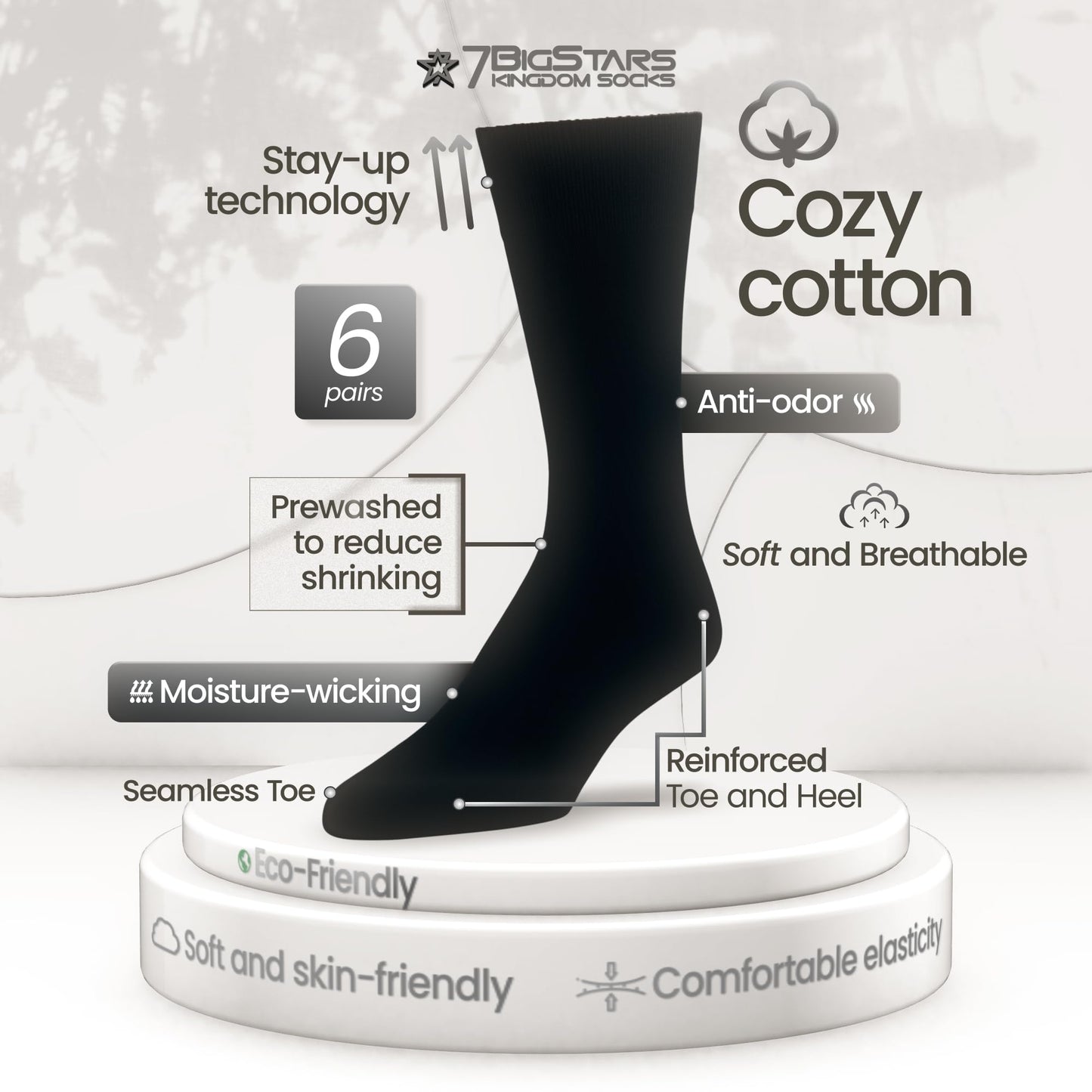 7BIGSTARS KINGDOM Men's Dress Socks Cotton - 6 Pack Large - Solid Casual Crew Lightweight Business Work Sock Size 10-13 Shoe 9-12 L Dark Navy