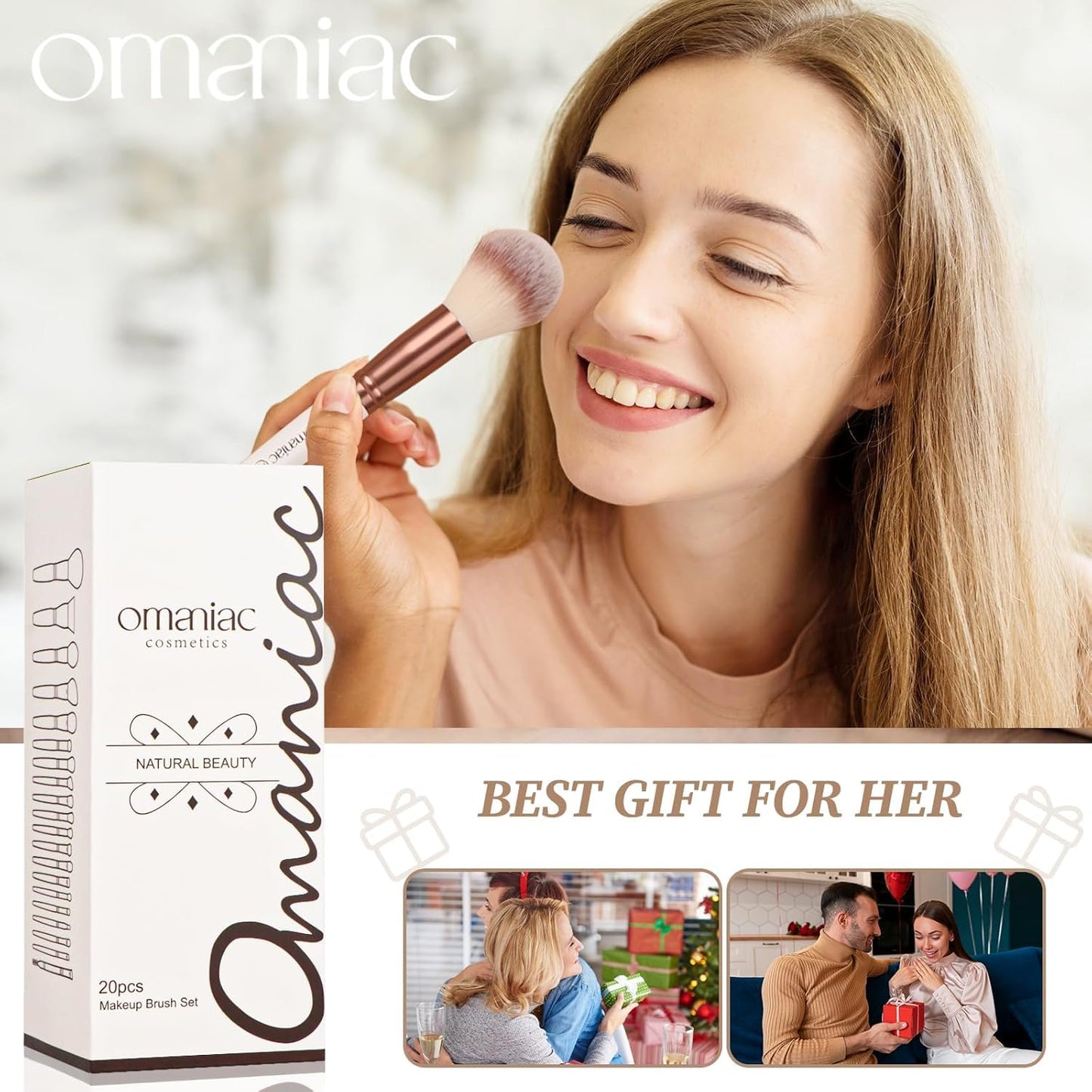 OMANIAC 20Pcs Makeup Brush Set Professional - Premium Synthetic Foundation Eyeshadow Blending Face Powder Brushes with Travel Case - Cruelty-Free Beauty Gift Kit for Beginners & Women (White)