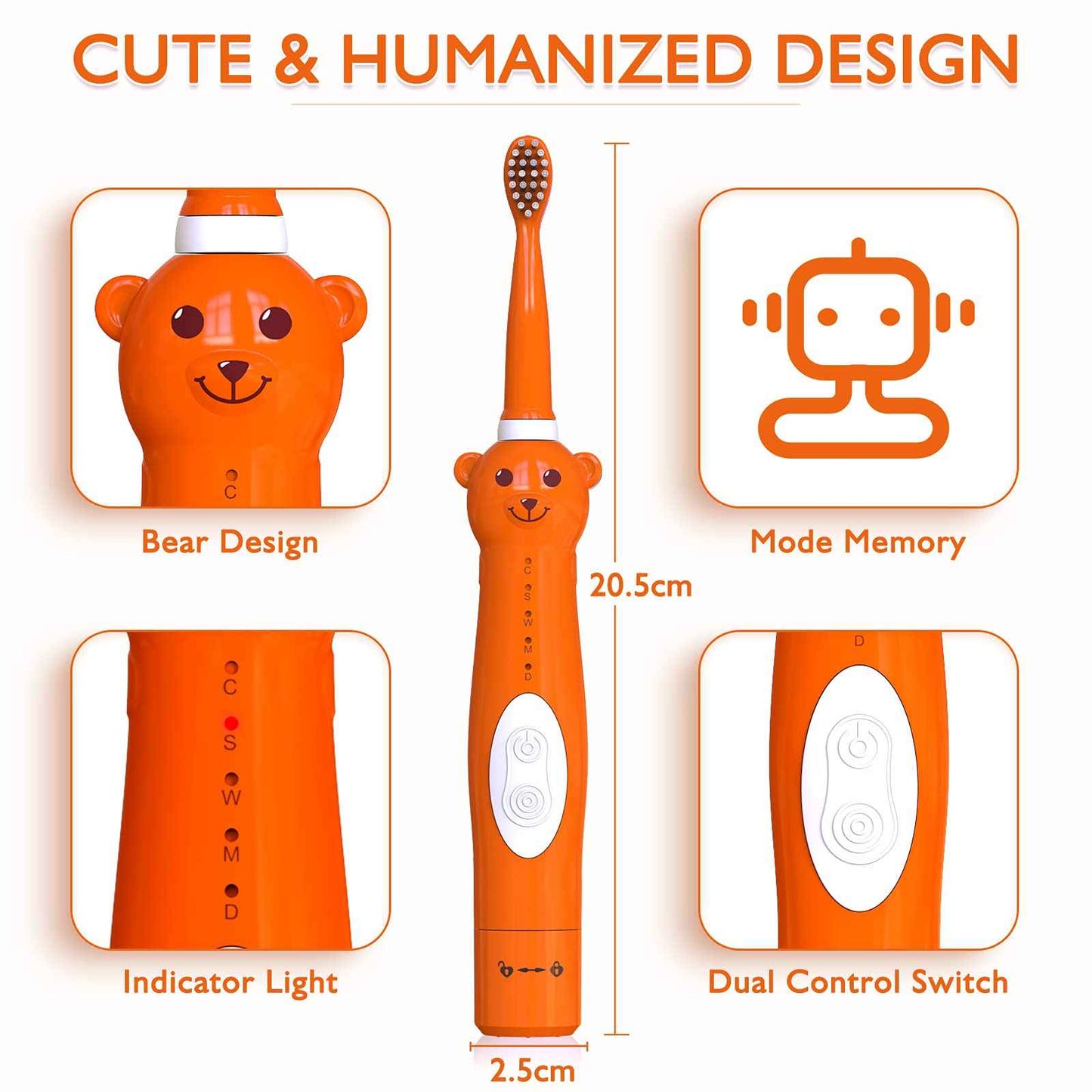 Kids Sonic Electric Toothbrush, Rechargeable Smart Toothbrush for Children Toothbrush for Toddlers Age 3-12 with 30s Reminder, 2 Mins Timer, 6 Modes, 2 Brush Heads (8660 Orange+ 6 Heads+ Holder)