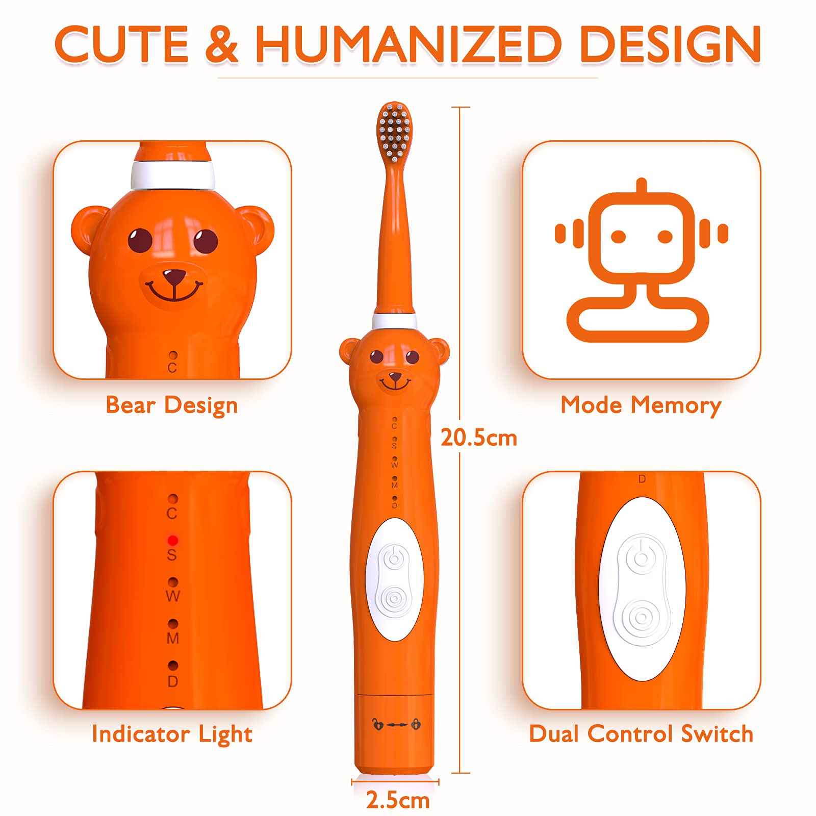 Kids Sonic Electric Toothbrush, Rechargeable Smart Toothbrush for Children Toothbrush for Toddlers Age 3-12 with 30s Reminder, 2 Mins Timer, 6 Modes, 2 Brush Heads (8660 Orange+ 6 Heads+ Holder)