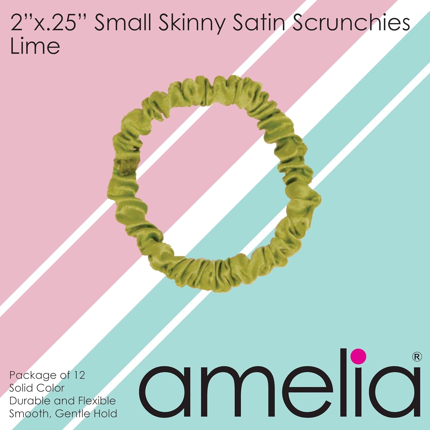 Amelia Beauty, Black, Skinny Satin Scrunchies, 12 Pack – 2in Diameter, Gentle & Strong Hold, No-Snag, No-Dent, Crease-Free Hair Ties