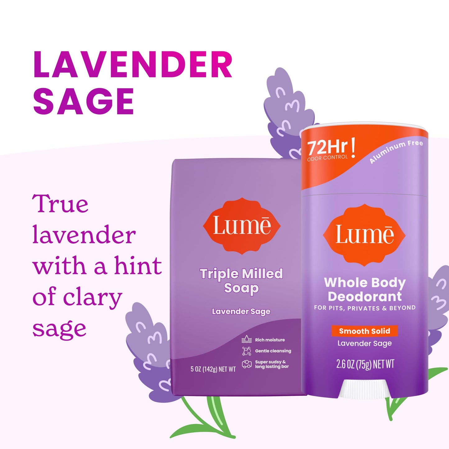 Lume Whole Body Deodorant And Soap - 2.6 Ounce Smooth Solid Stick With 72 Hour Odor Control (Pack of 2) and 5 Ounce Triple Milled Soap (Pack of 2) - Aluminum and Baking Soda Free (Lavender Sage)