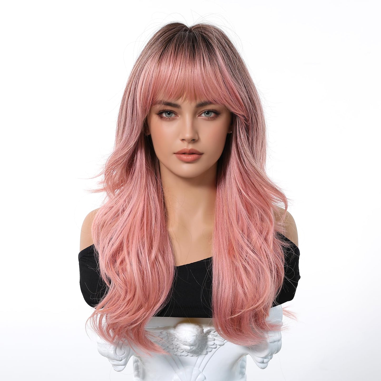 Osicapea Ombre Pink Wigs with Bangs for Women, Natural Wavy Curly Hair Woman Heat Resistant Synthetic Wig 22 Inch Long Wig for Women's Cosplay Costume Party Daily Use