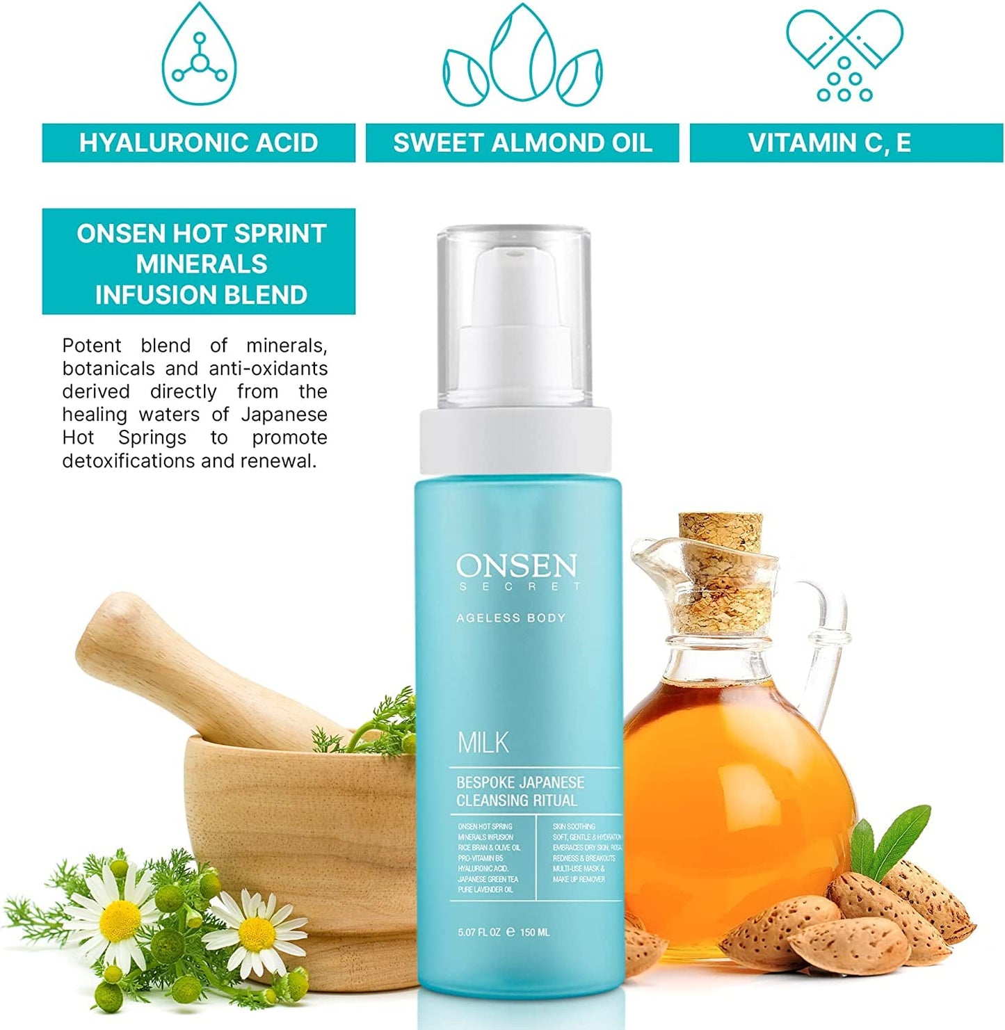 Onsen Secret Japanese Cleansing Milk Face Wash, Anti Aging Gentle Cleanser, Makeup Remover, Cleansing Milk for Sensitive Skin, All Natural, Purifying Organic, Non Foaming Facial Cleanser - 150 ml