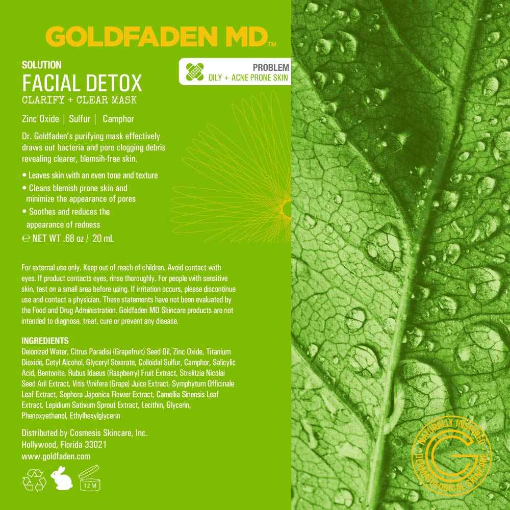 GOLDFADEN MD Facial Detox Mask Clarifying Face Mask w/Zinc Oxide, Sulfur, Salicylic Acid & Grapefruit Purifying Deep Clean Minimizes the Appearance of Redness, Blackheads & Pores .5 fl oz
