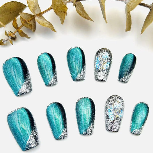 Press on Nails Fake Nails Acrylic Green With Design Medium Length Handmade Painted By Artist For 3d Effect Pink Cat's Eye Glitter Nail Kit with Nail Glue for Women and Girls 10pcs-Small
