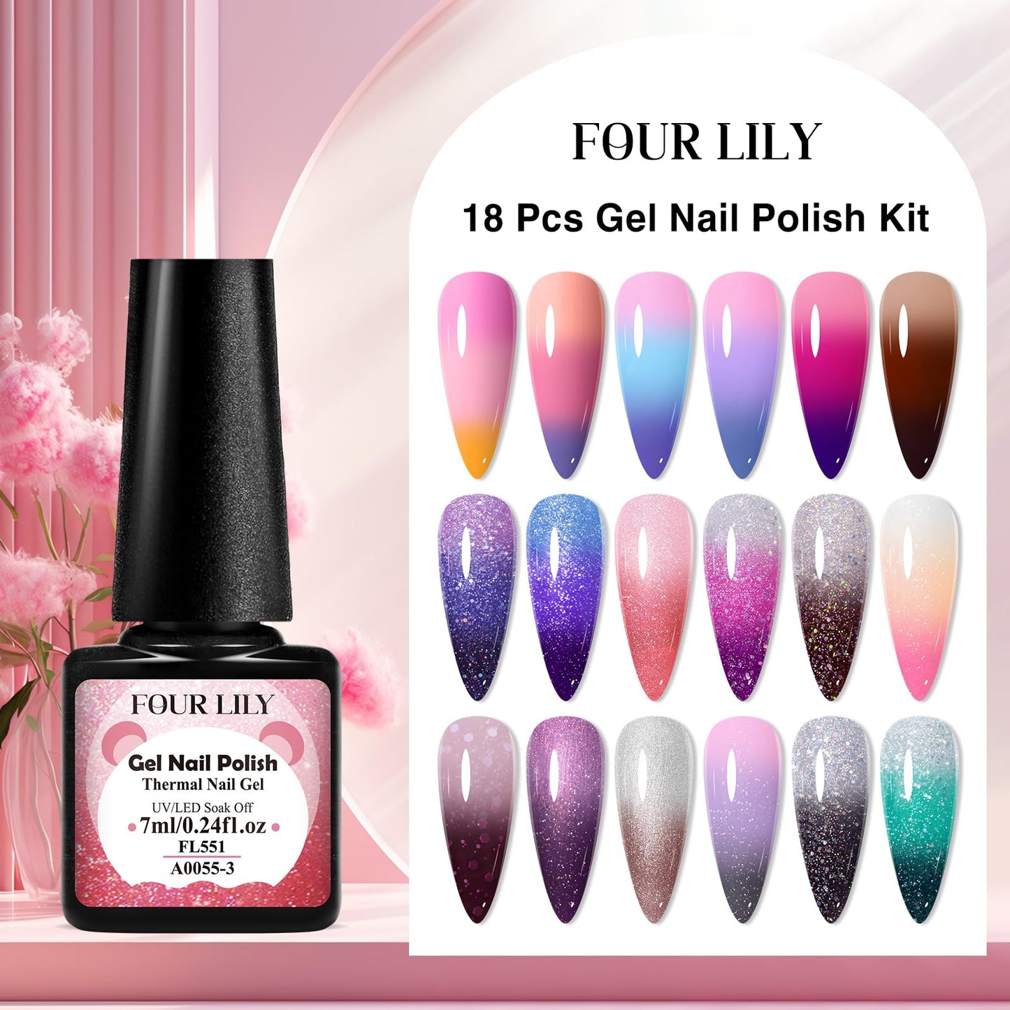 Four Lily Color Changing Gel Nail Polish Set, 18 Temperature Mood Changing Colors Red Pink Purple, Soak Off UV Light Cure Gel Polish for Salon and Nail Art DIY at Home