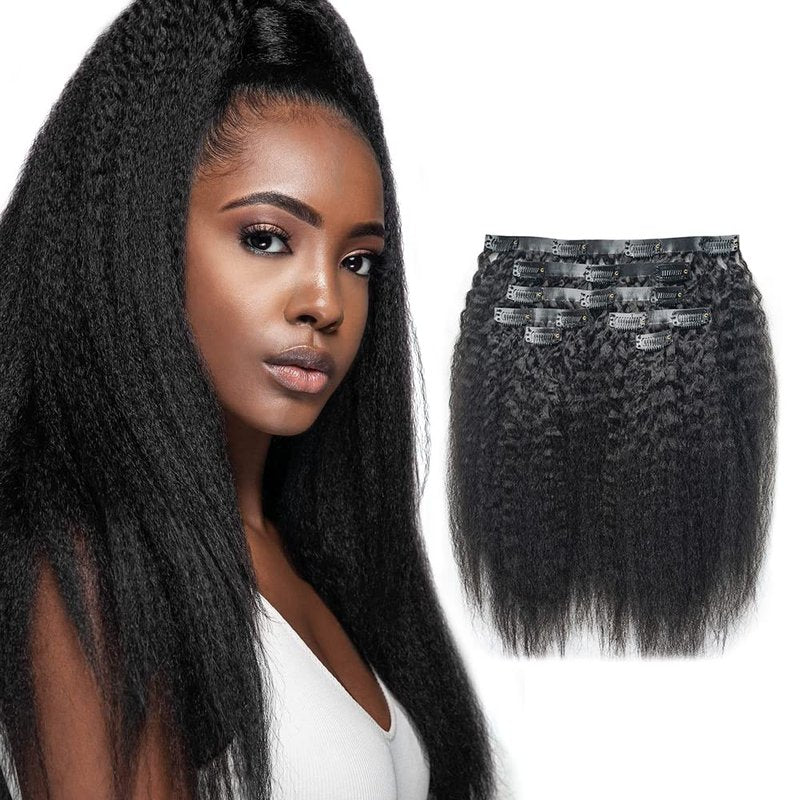 Kinky Straight Clip-In Hair Extensions for Black Women | Real Human Hair, 18 Inch, 120 Grams, Seamless PU Design