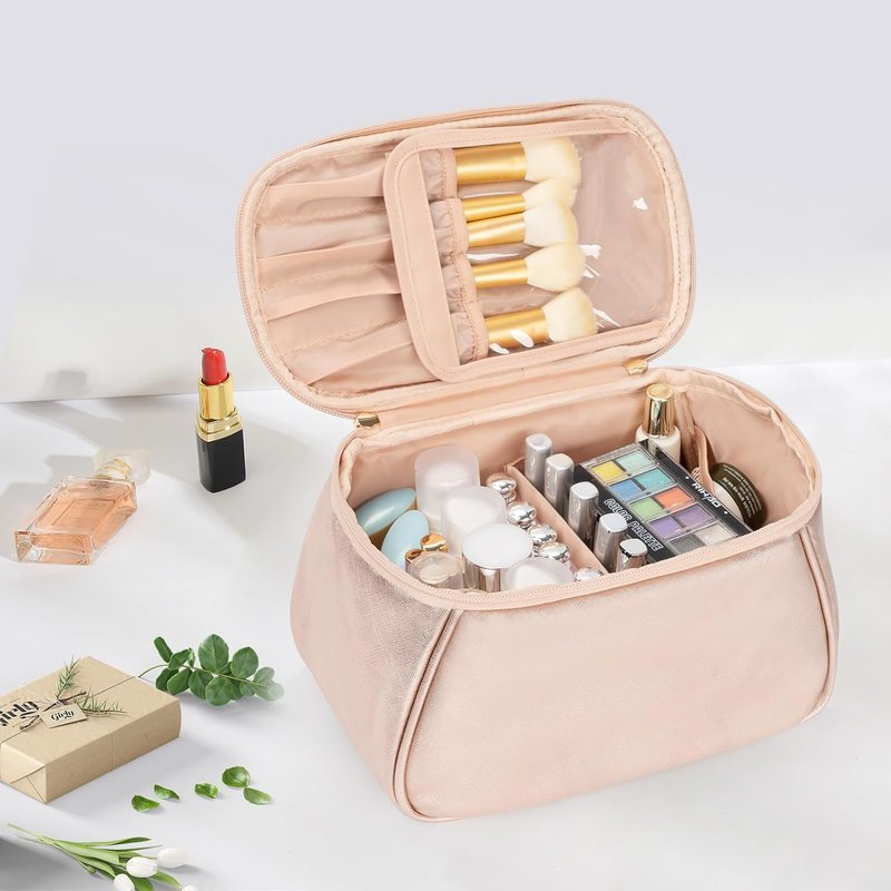 Large Makeup Bag Organizer for Women - Travel Cosmetic Bag with Divider & Handle | Rose Gold