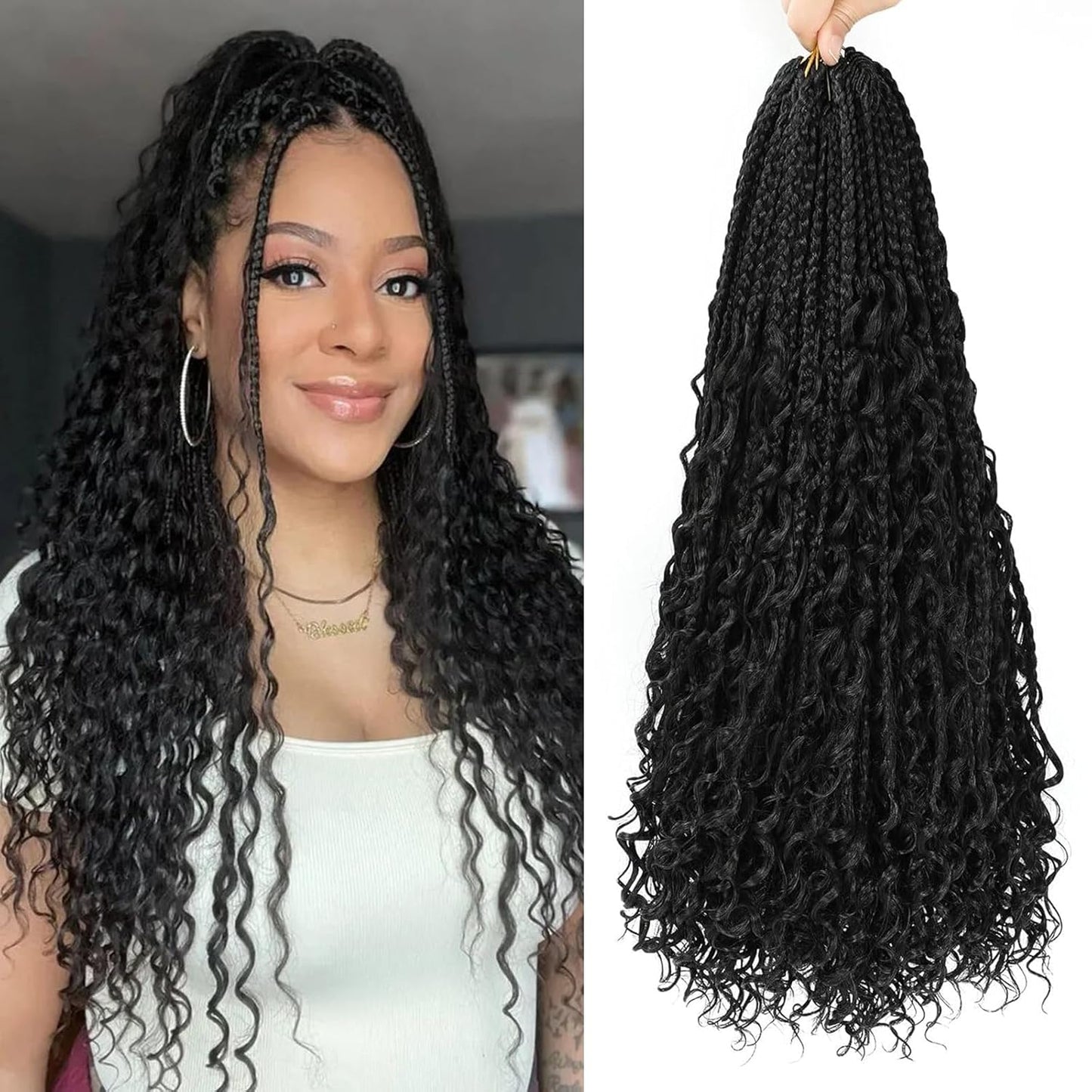 Goddess Box Braids Crochet Hair - 24 Inch Boho Braids With Curly Ends | 8 Packs Synthetic Extensions (1B)