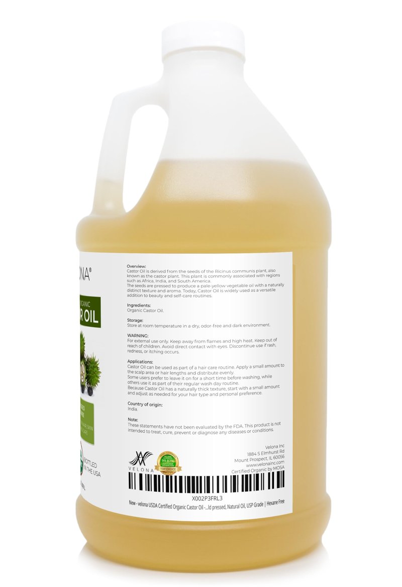 velona USDA Certified Organic Castor Oil - 1 Gallon / 128 Fl Oz | For Hair, Boost Eyelashes, Eyebrows | Cold pressed, Natural Oil, USP Grade | Hexane Free