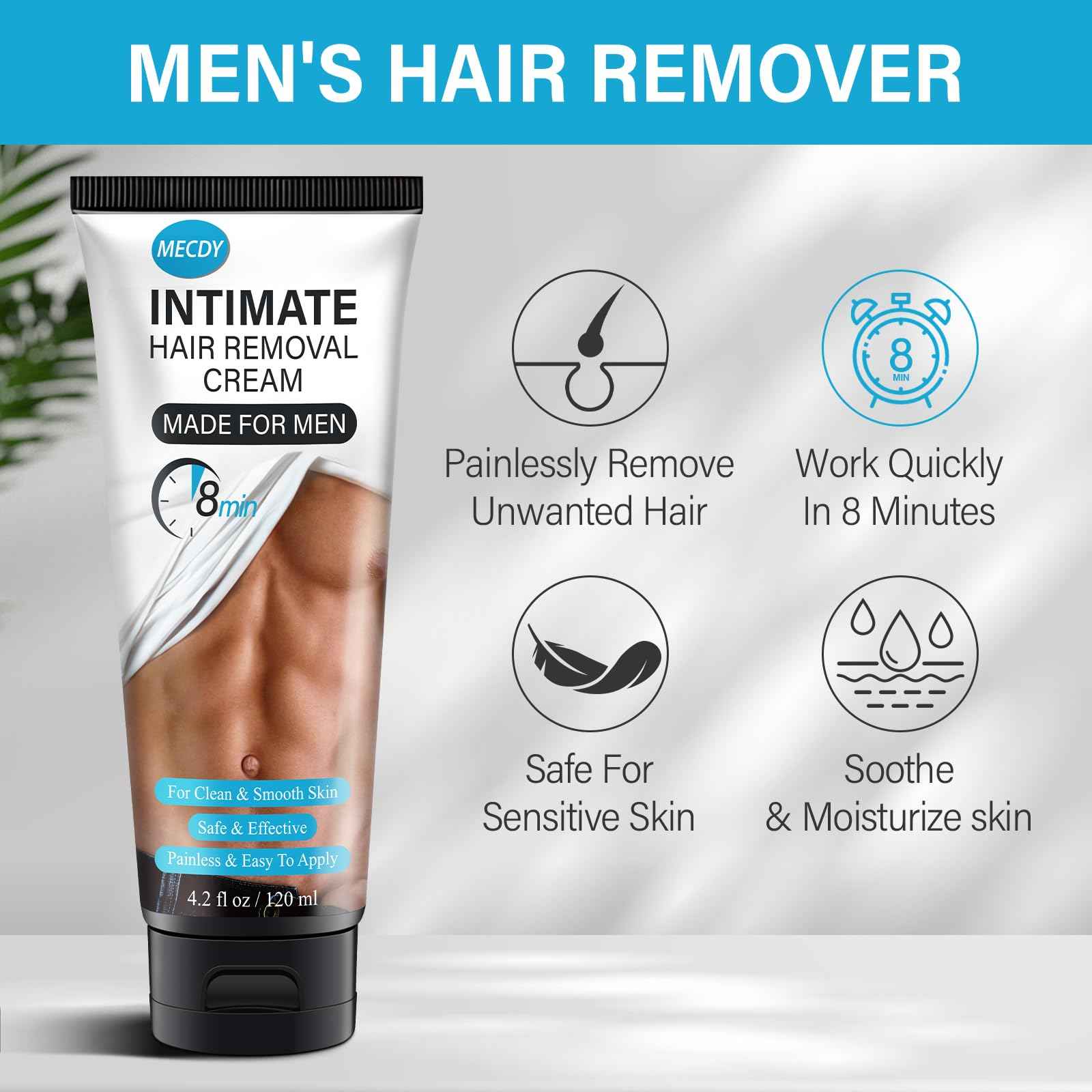 Hair Removal Cream for Men, Hair Remover Body Cream for Unwanted Male Hair, Painless, Flawless Depilatory for Intimate/Private Area, 120ml