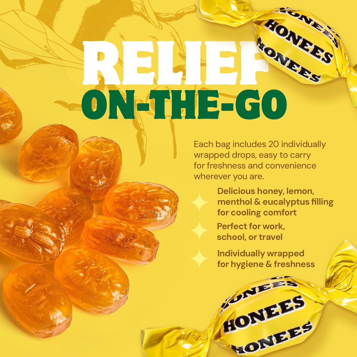 Honees Filled Honey Lemon Cough Drops- Filled with Honey, Menthol, Lemon and Eucalyptus - Nothing Artificial -Natural Sore Throat Lozenges- Non-GMO (1 Pack – 20 Drops)