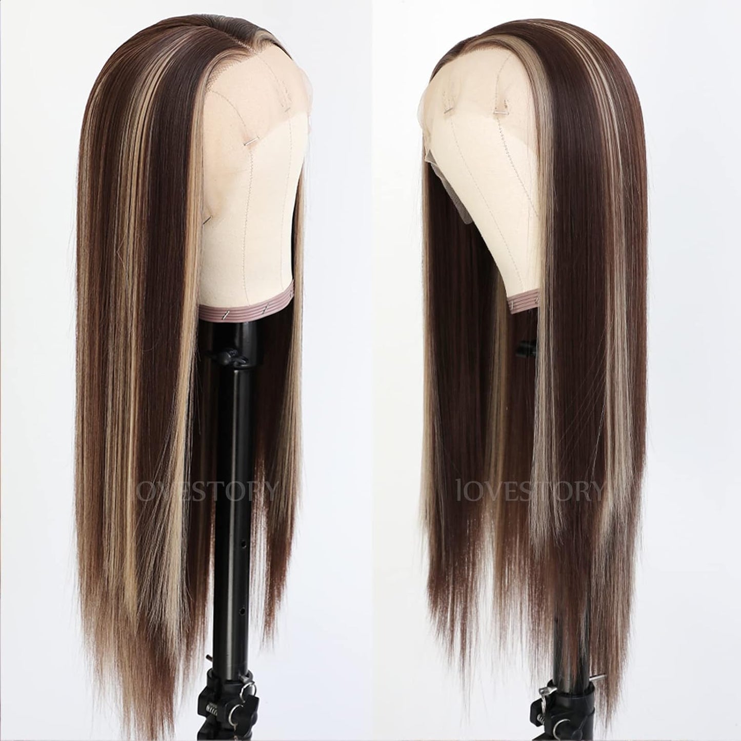 Brown Hair Highlights Lace Front Wig - Long Straight Synthetic Hair, Heat Resistant | 13x3 Size