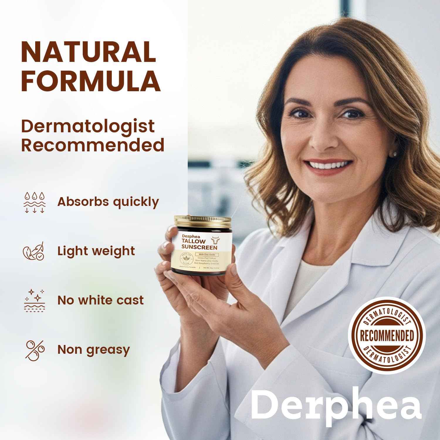 Derphea Natural Beef Tallow Sunscreen – SPF 50 Daily Sun Care for Extremely Sensitive, Acne-Prone & Kid-Safe Skin – Non-Toxic Sunblock with 22% Non-Nano Zinc Oxide, Clean Formula for Face & Body