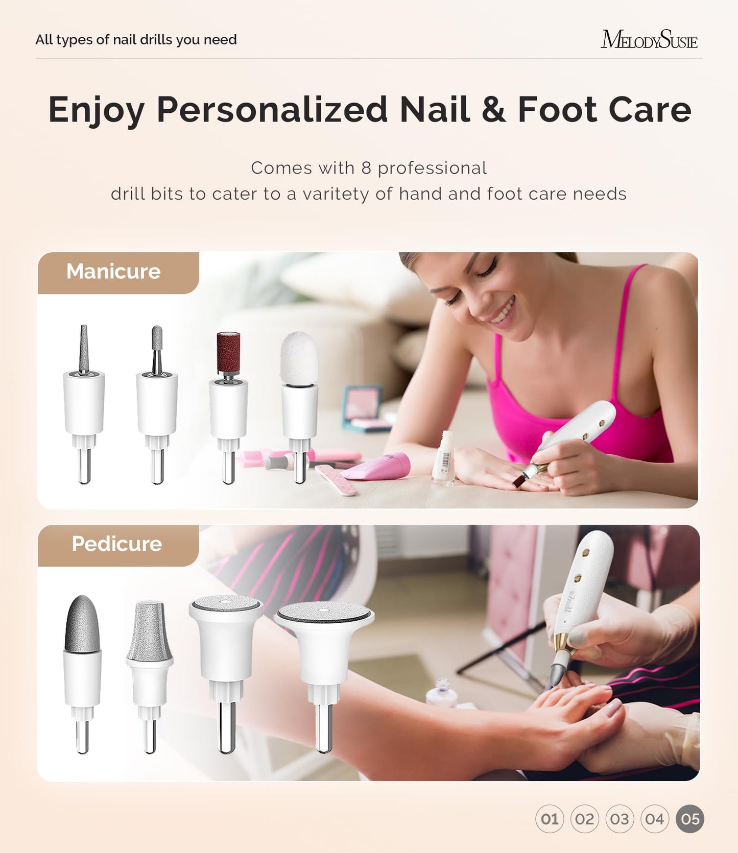 MelodySusie Professional Manicure Pedicure Kit, Cordless 8-in-1 Electric Nail Drill with 20 Speeds, Rechargeable E-File for Thick Nails & Cuticles, Ideal Foot Care for Women Men-PC650E (White Gold)