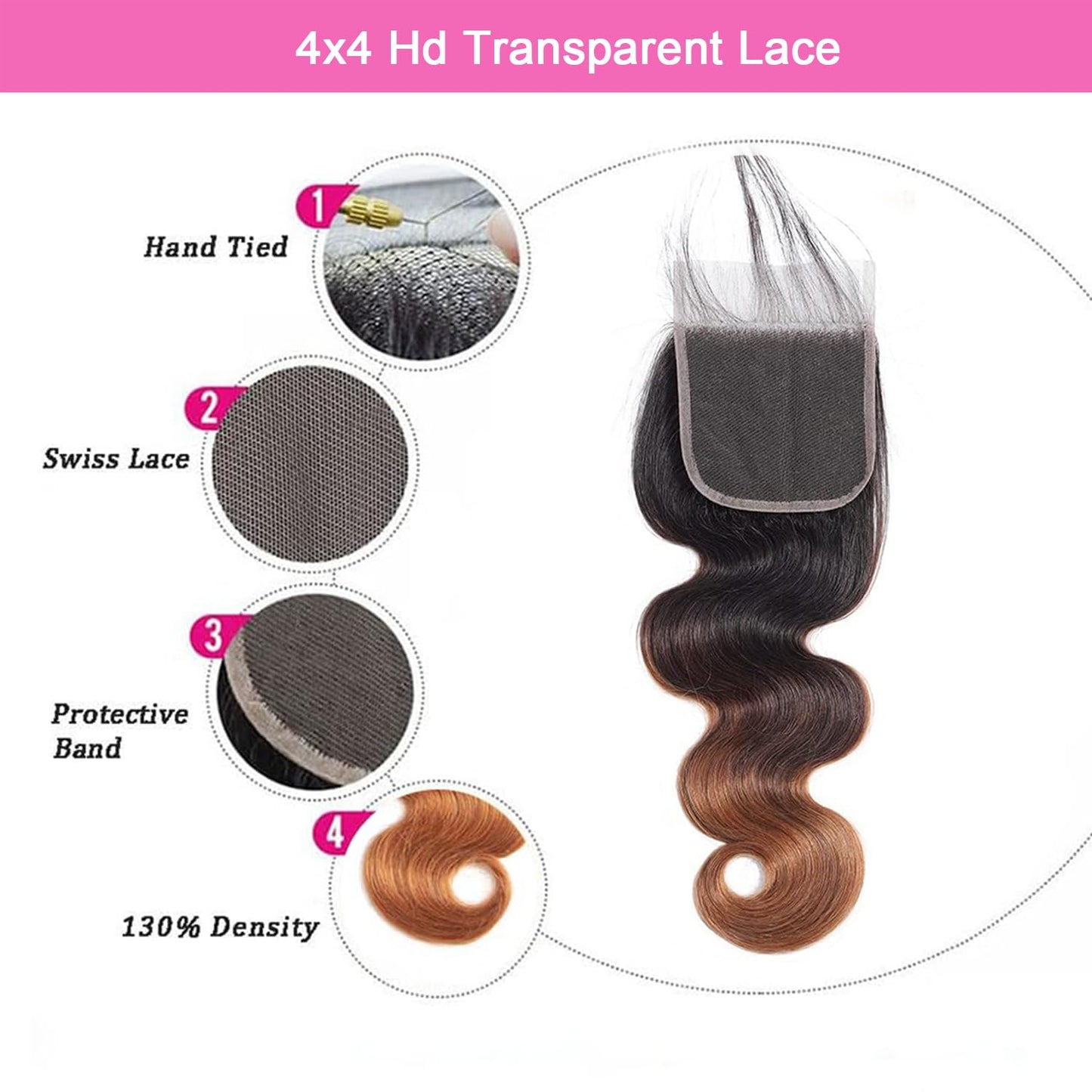 1B/30 Lace Closure 4x4 Hd Transparent Lace Ombre Closure Body Wave With Pre Plucked Baby Hair High Density Brazilian Virgin Hair For Woman (20 Inch)