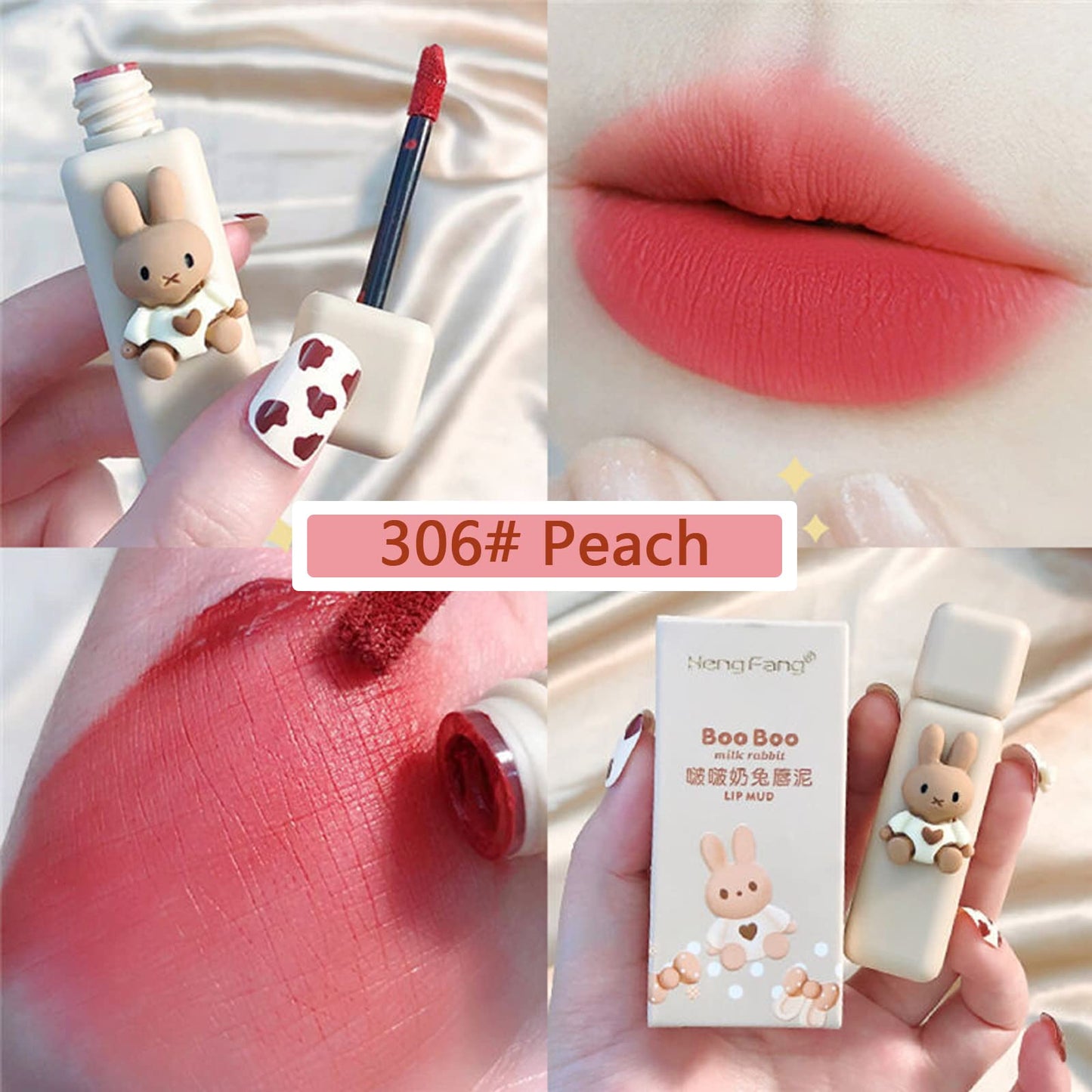 Domality 4pcs Bunny Rabbit Flavor Lip Gloss Set for Lips & Cheeks, 4 Colors Matte Velvet Mousse Liquid Lipstick, Soft Lightweight Smooth Lip Mud, Long Lasting Waterproof Lip Makeup Kit