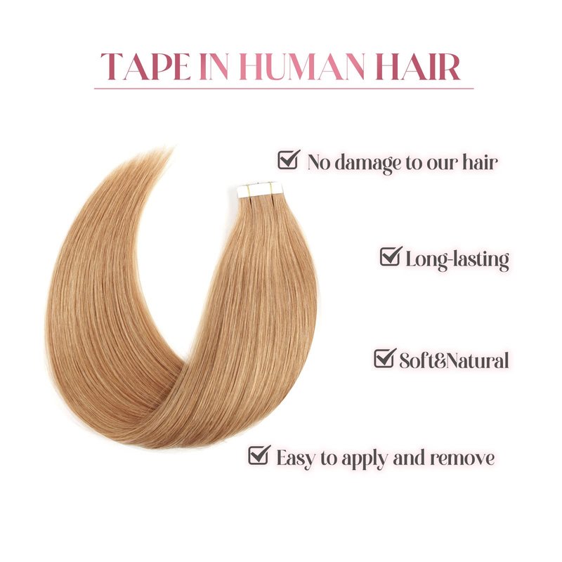 Sixstarhair Strawberry Blonde Tape in Hair Extensions Remy Human Hair Double Side Tape Attached Invisible Hair Extensions 20 Pieces [Color 27 Strawberry Blonde 16inch]