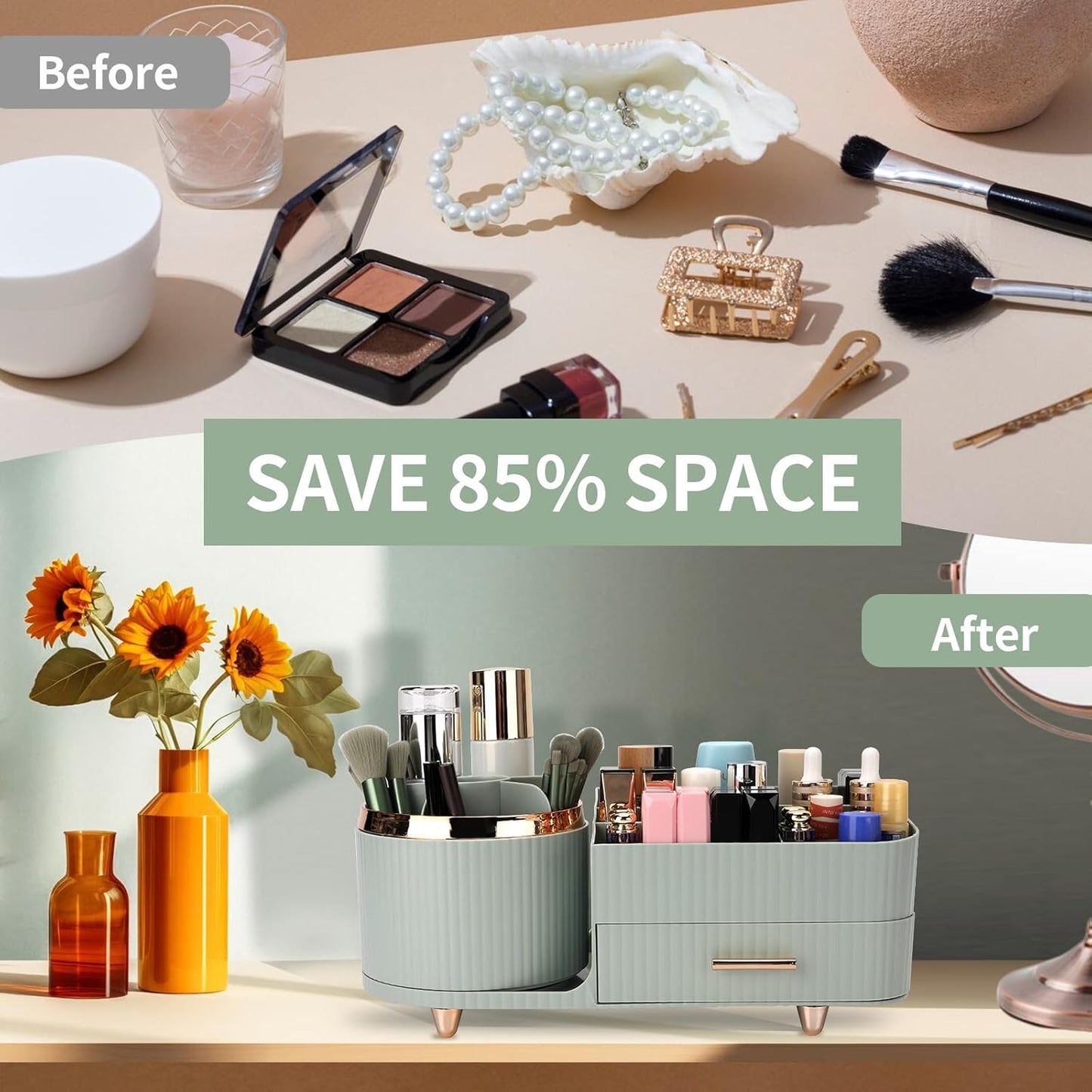 Makeup Organizer - Versatile Vanity Storage Case with Drawers | Fits Cosmetics, Skincare, Brushes & Accessories - Green