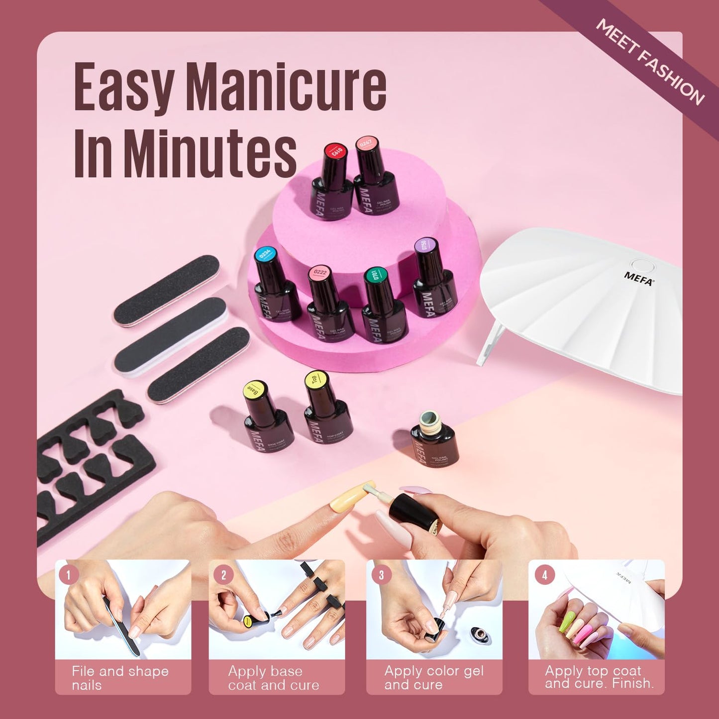 MEFA 19 Pcs Gel Nail Polish Kit with U V Light, 12 Colors Burgundy Red Polish Set Champagne Gold Glitter Nail Polish Soak Off Purple Manicure Tools Beginners Salon Nails Art DIY for Women