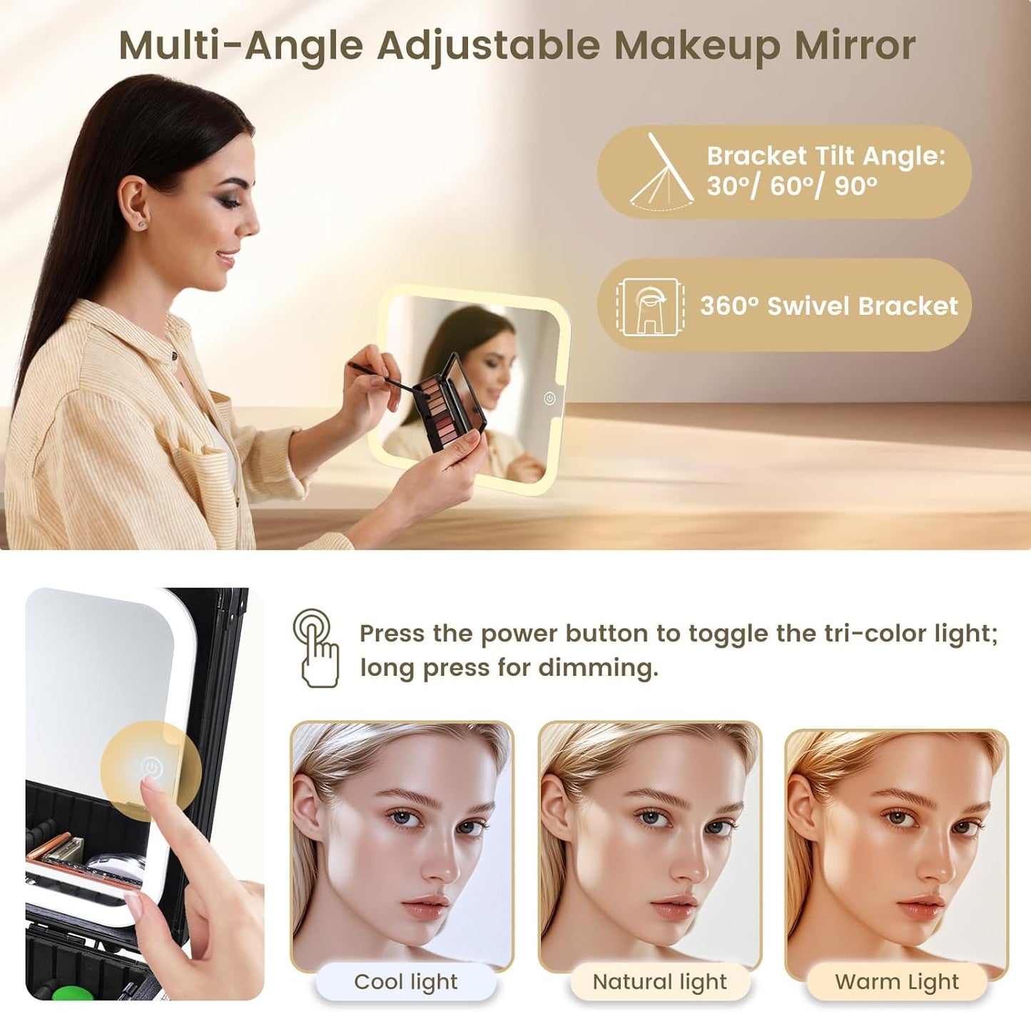 Makeup Organizer Case with Magnetic Lighted Mirror - Portable Vanity Box with LED Lighting, Lockable Keys & Dividers | Black