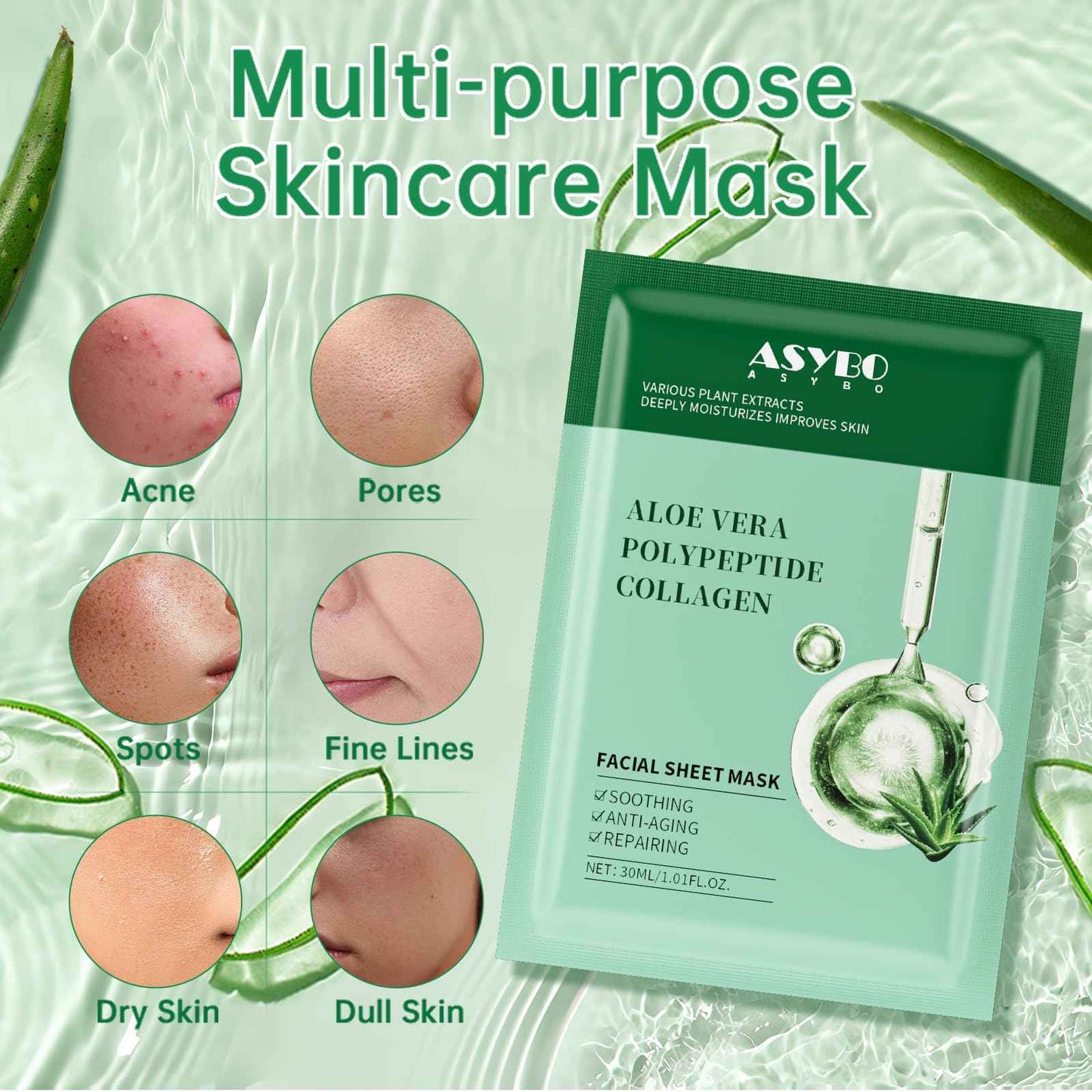 ASYBO Pack of 20 Collagen Face Mask, Aloe Vera Polypeptide Collagen Facial Masks Skincare, Moisturizing Facial Sheet Mask for Acne, After Sun, Claming, Anti-Aging and Anti-Wrinkle