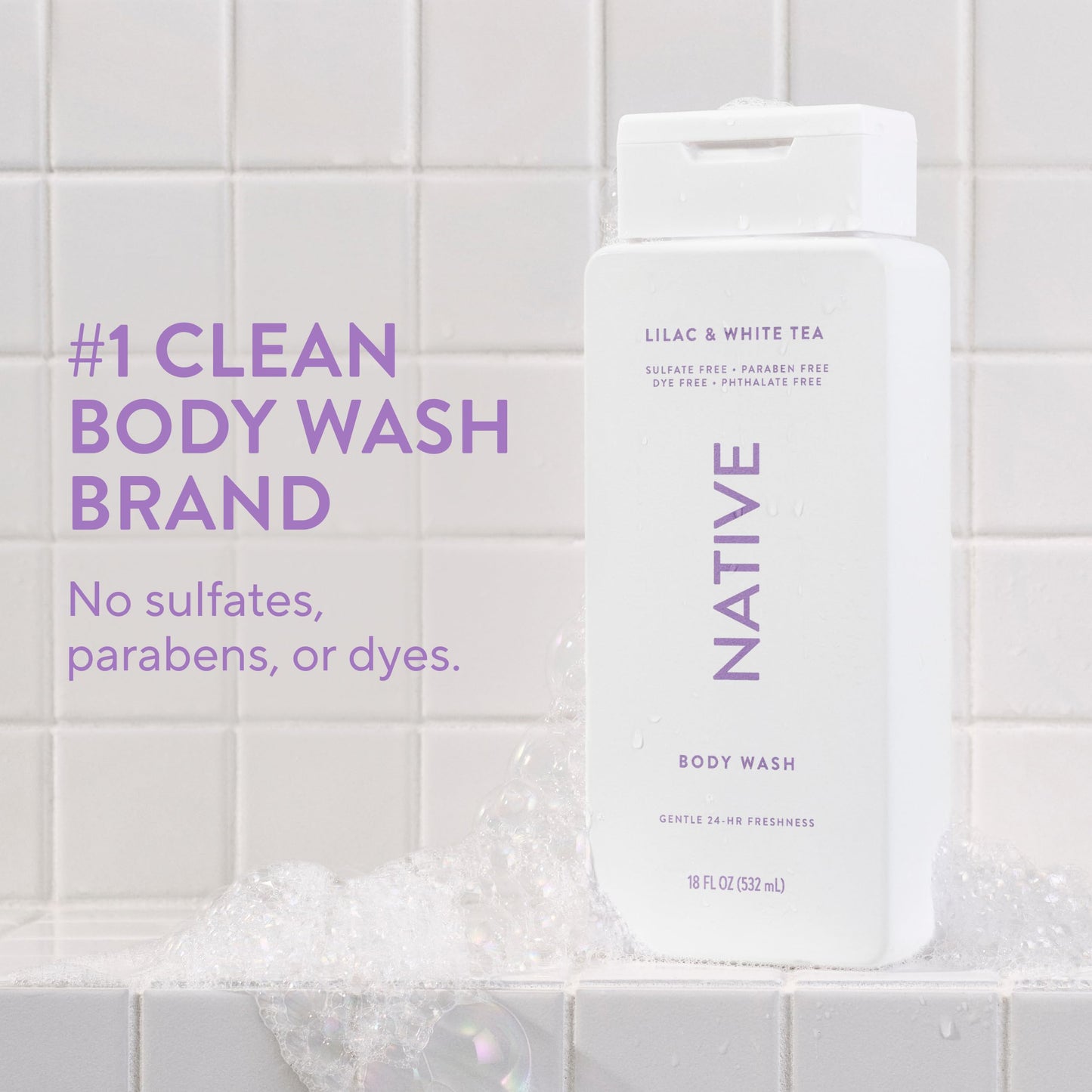 Native Clean Body Wash, Gentle & pH-balanced for Sensitive Skin, 24-Hr Freshness for Women & Men, Vegan & Cruelty-Free, Free of Sulfates, Parabens & Phthalates, Lilac & White Tea, 18fl oz