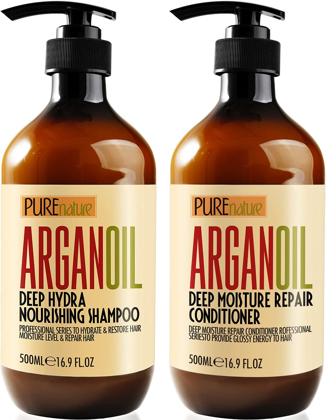 PURE NATURE Moroccan Argan Oil Shampoo and Conditioner and Hair Serum with Biotin, Castor, Rosemary Oil