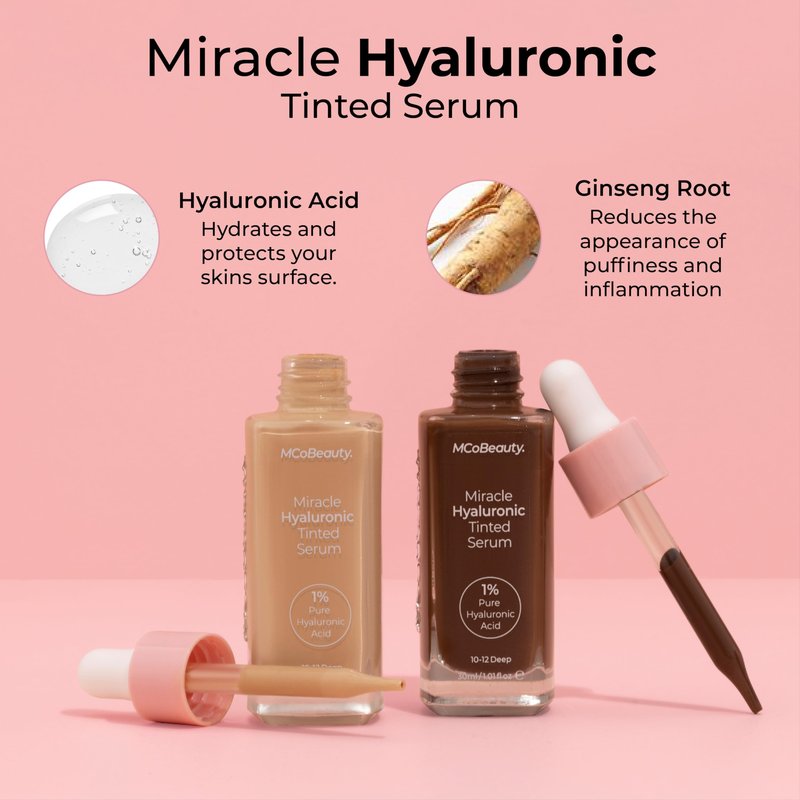 MCoBeauty Miracle Hyaluronic Tinted Serum 3-4 Light Medium - Hydrating Skin Tint Foundation with Hyaluronic Acid Ginseng - Buildable Sheer to Medium Coverage Dewy Finish - Vegan Cruelty Free Makeup