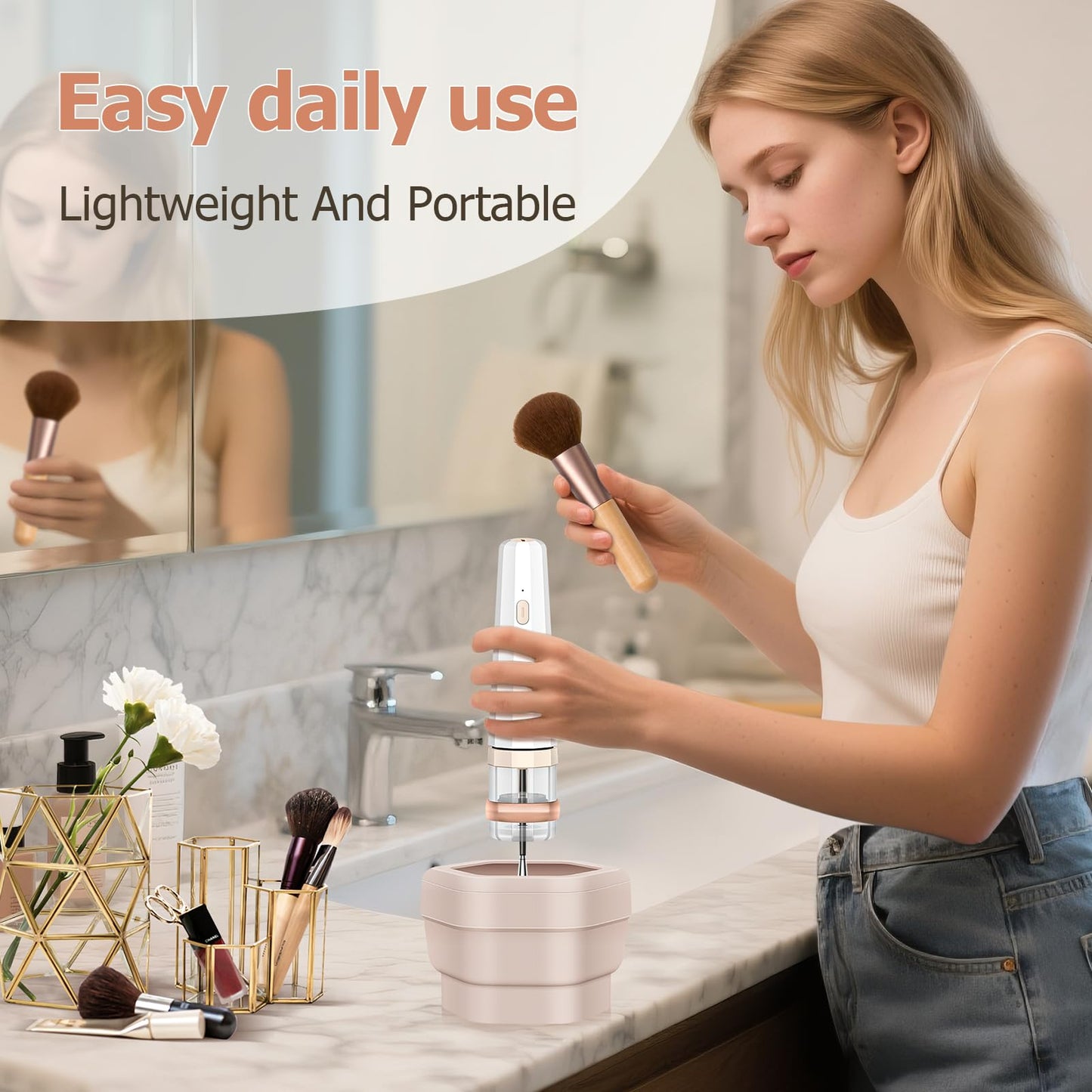 Portable Electric Makeup Brush Cleaner Machine with Foldable Silicone Cleaning Bowl - Quick 30-Second Deep Clean, Instant Drying, Compatible with Handle Diameters Under 0.86 Inches of Beauty Brushes