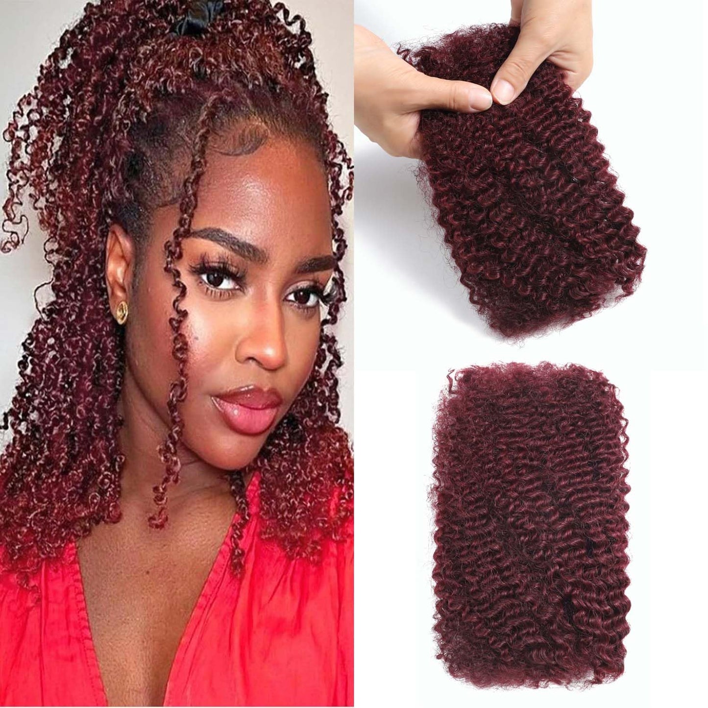 Afro Kinkys Bulk Human Hair for Braids Braiding Mini Twist Locs Dreadlock Extensions Afro Kinky-Curly Human Braiding Hair Bundles For Men Women Kids 16 Inch 2 Bulks 60g #99J Dark Red Easy to Install