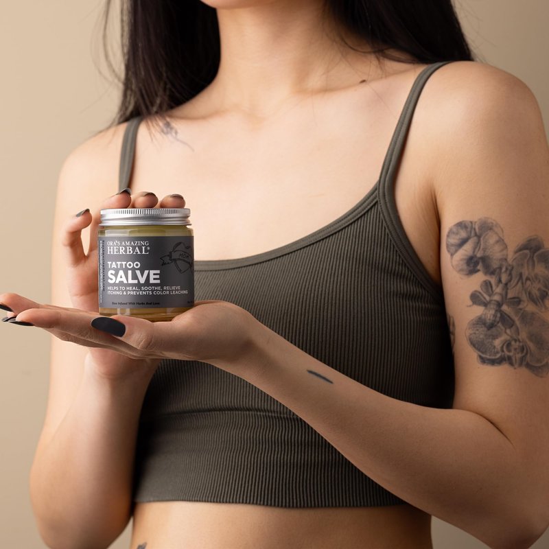 Natural Tattoo Salve,Tattoo Aftercare Balm for New & Old Inked Skin, Moisturizing & Itch Soothing Cream, Petroleum Free & Color Restoring Tattoo Ointment, 4oz, USA made - Ora's Amazing Herbal