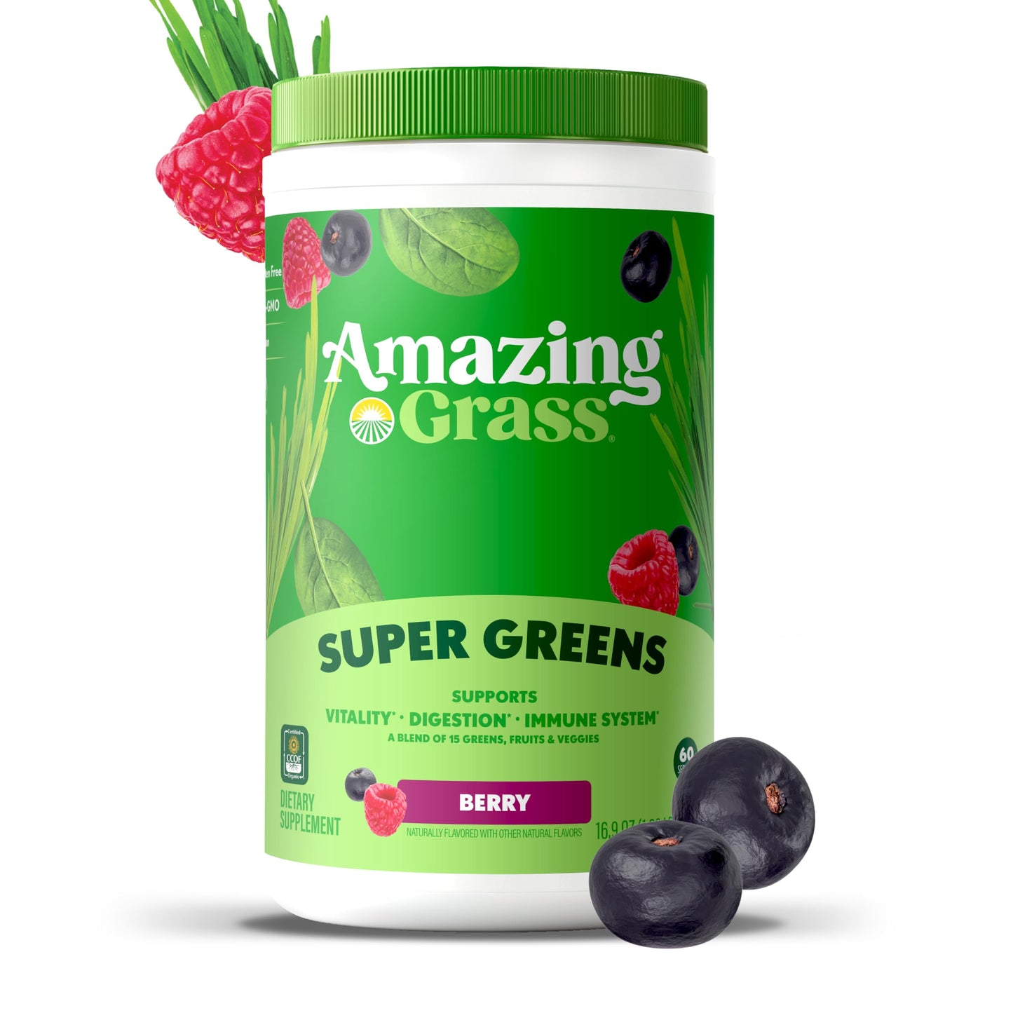 Amazing Grass Super Greens Powder, Organic, Greens Superfood Powder, Smoothie Supplements, Supports Digestion, Probiotics, Spirulina, Beet Root, Berry, 60 Servings, 16.9 Ounce (Packaging May Vary)