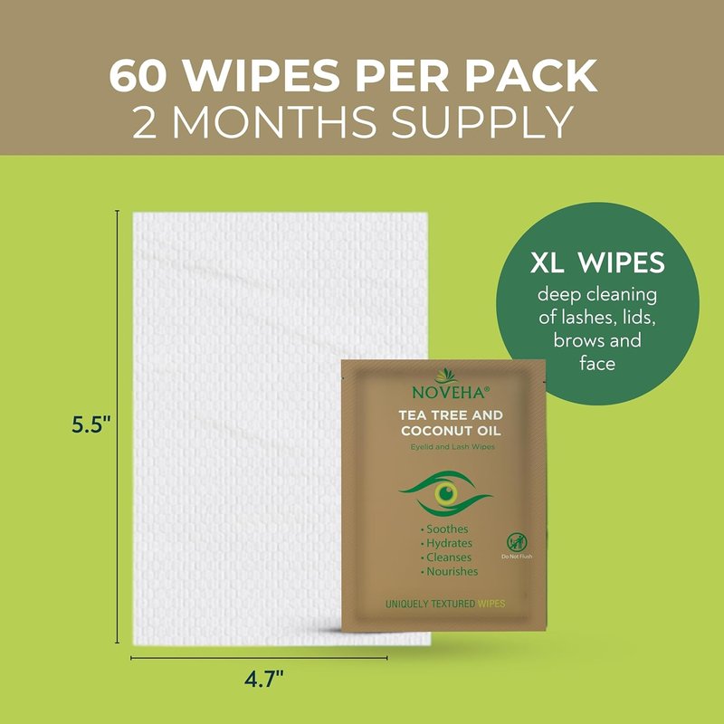 NOVEHA Tea Tree & Coconut Oil Eyelid & Lash Wipes - 60 Individually Wrapped Cleansing Wipes for Itchy Eyes | Natural Makeup Remover with Aloe Vera