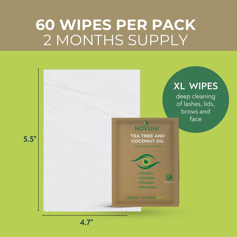 NOVEHA 180PCs Tea Tree & Coconut Oil Eyelid & Lash Wipes | For Demodex, Blepharitis & Itchy Eyes - Effective Eyelash Wipes With Aloe Vera, Natural Makeup Remover & Daily Eye Cleanser - (Pack of 3)